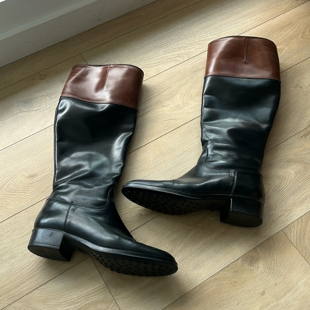 Tod’s Black Brown Tall Leather Boots size 38